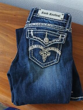 Rock Revival Jenna Boot Dark Blue Denim Jeans with White Embroidered Pocket